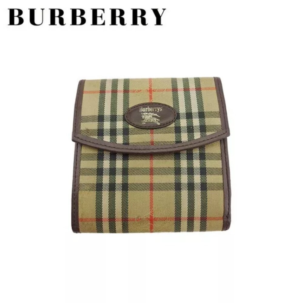 BURBERRY Trifold Wallet Check Beige Canvas x Leather Authentic Used